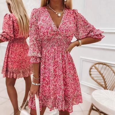 Vintage Printed Party Dress Women V Neck Long  Sleeve Beach Holiday Dresses for Women Spring Autumn Casual Beach Holiday Dress