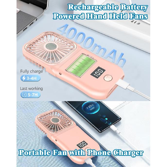Hand Held Fan Rechargeable,Mini Fan Portable Fan Battery Powered Fan with 3 Speed, Table Fan Small Desk Fan, Cordless Personal Fan, 180°Folding Hand