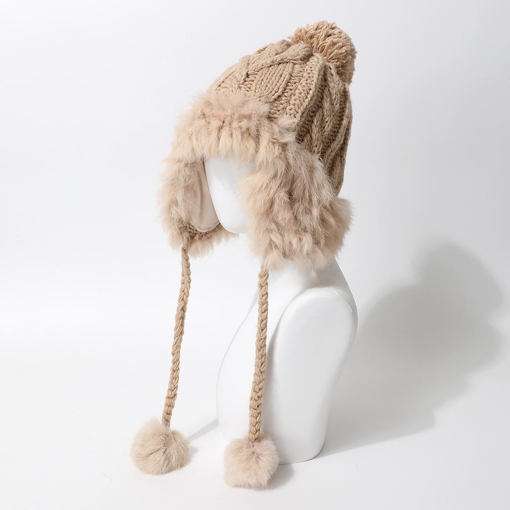 Hat Female Northeast Thickened Warm Lei Feng Hat Ear Protector Plush Rabbit Hairball Knitted Hat Windproof And Cold-Proof Wool Hat Female