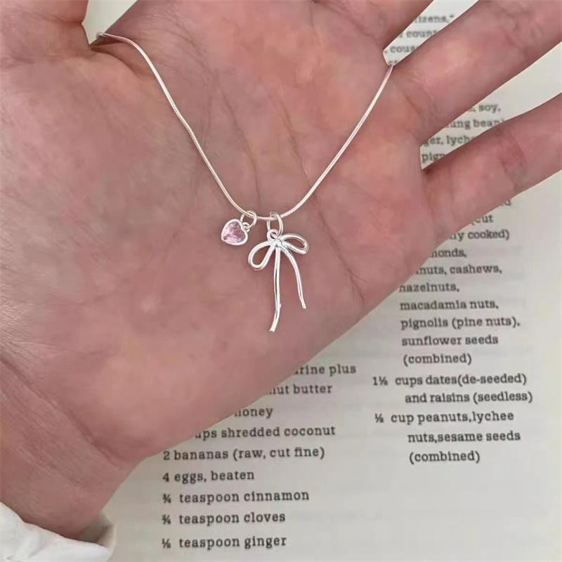 Pink Color Zircon Bowknot Heart Simulated Pearl Pendant Luxury Necklaces for Women Shiny Silver Water Wave Chain Choker Jewelry