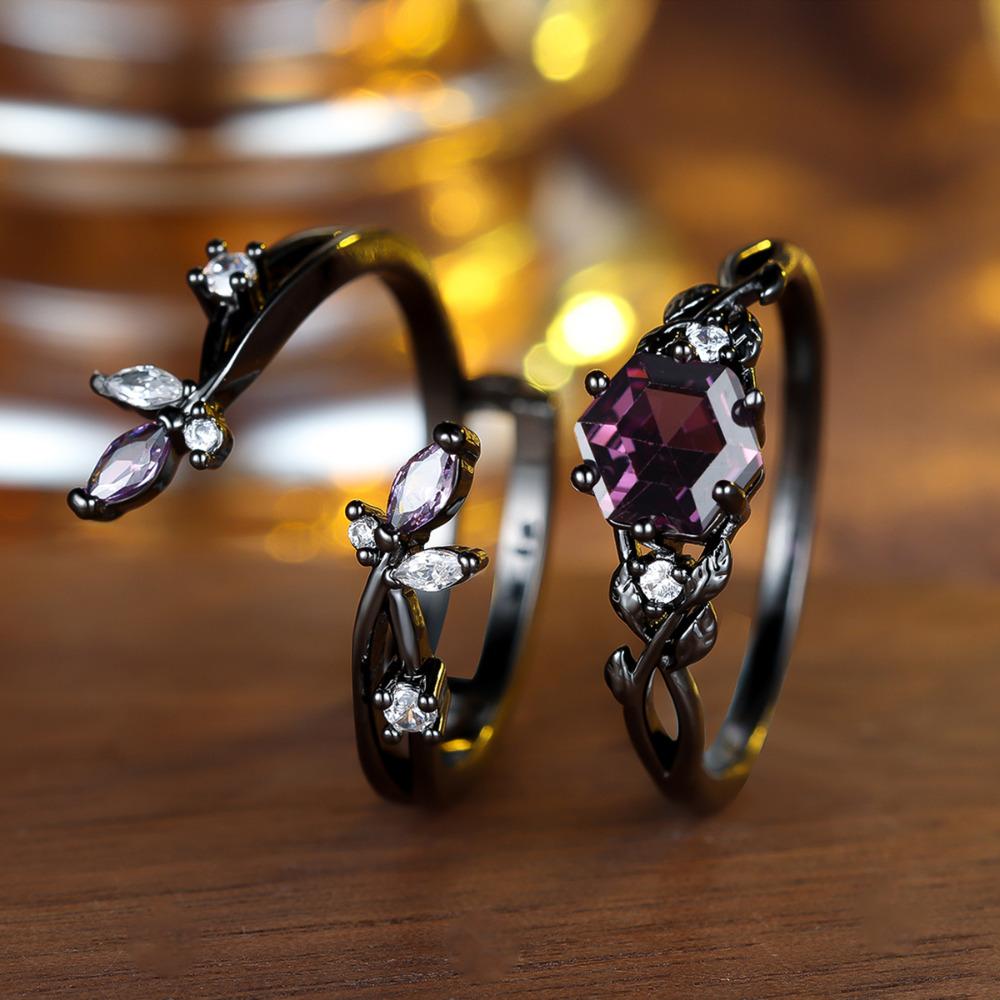 Retro Black Ring Set for Women Purple Hexagonal Zircon Finger Ring Wedding Bands Engagement Jewelry Gift