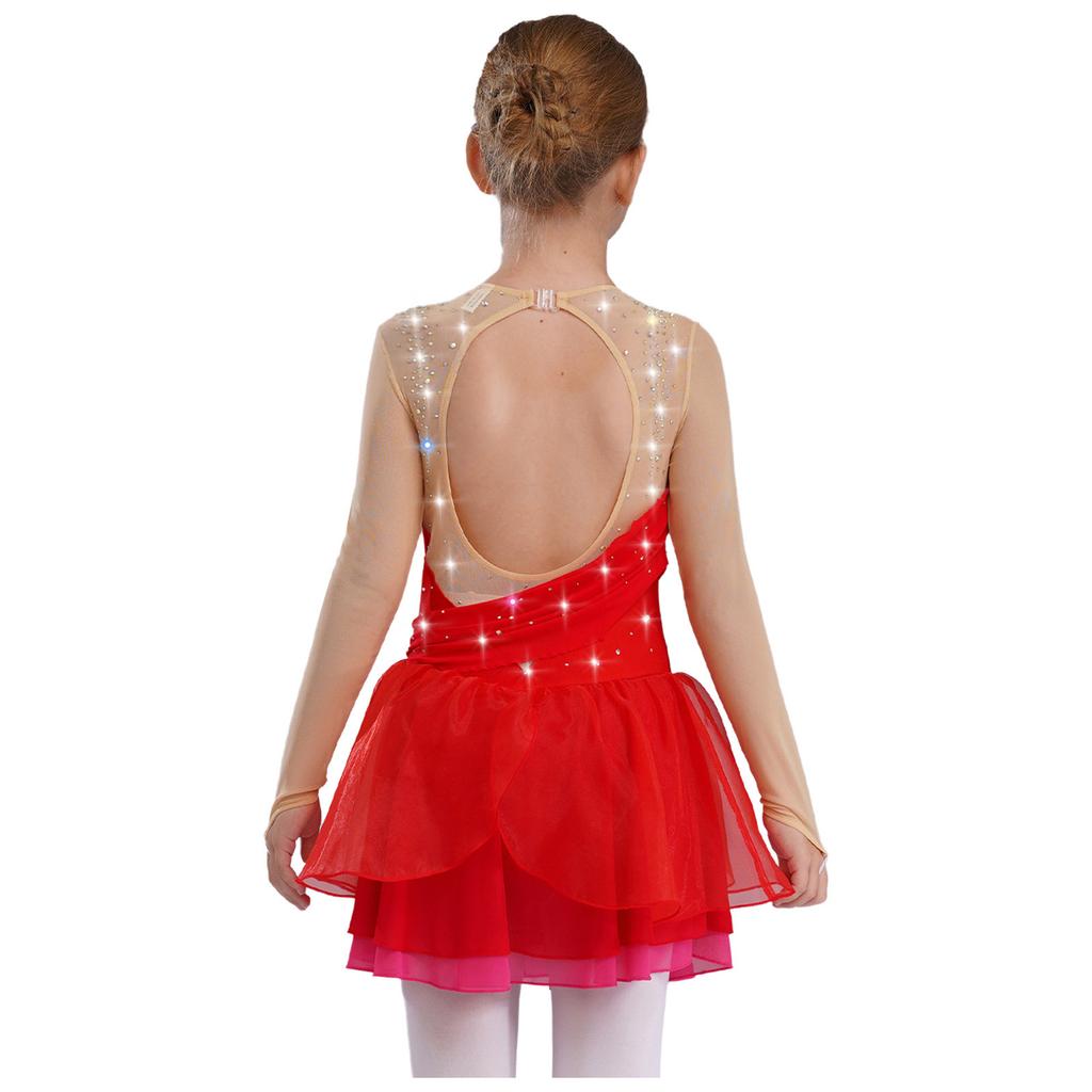 Dziewczęca brokatowa sukienka do łyżwiarstwa figurowego z cyrkoniami, z długim rękawem, z prześwitującą siateczką i wycięciem na plecach, kostium do występów lirycznych