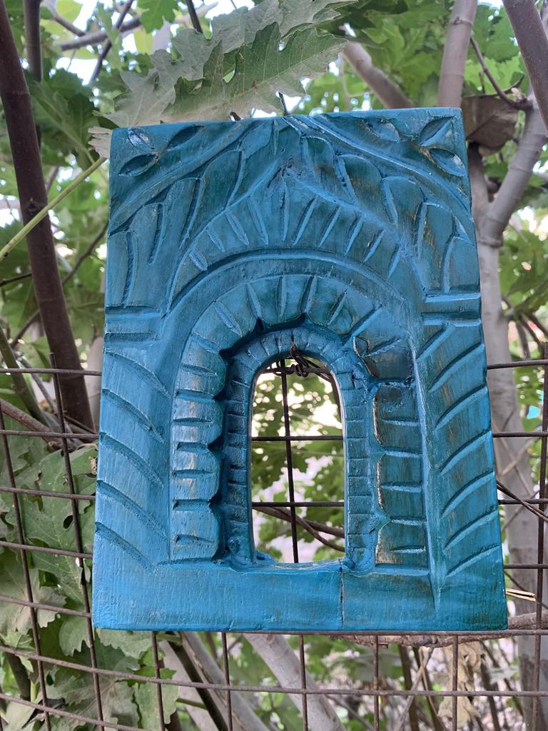 Blue Distressed Wooden Wall Frame Hand Carved Jjharokha Panel Home Decor