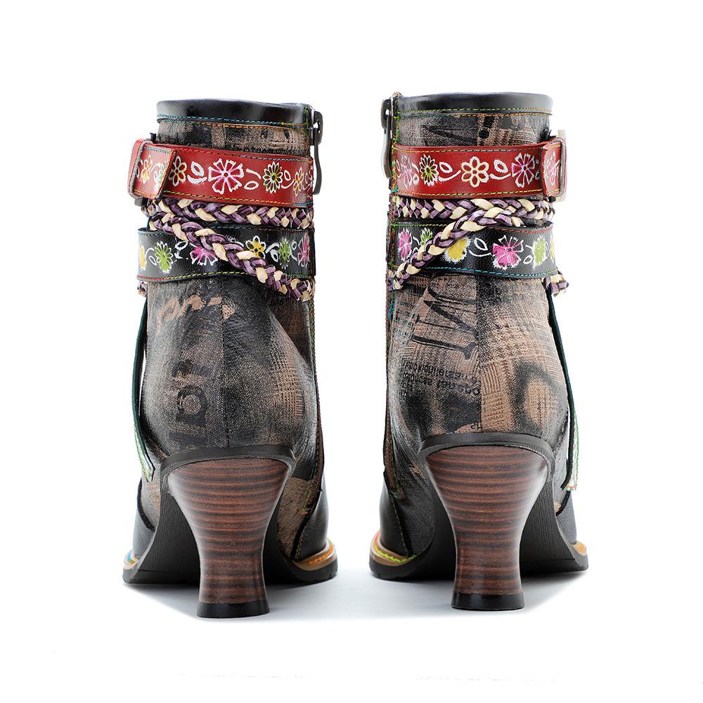 Johnature Echtes Leder frauen Kurze Stiefel Retro Woven Gürtel Schnalle Mode Dame High-heeled Schuhe