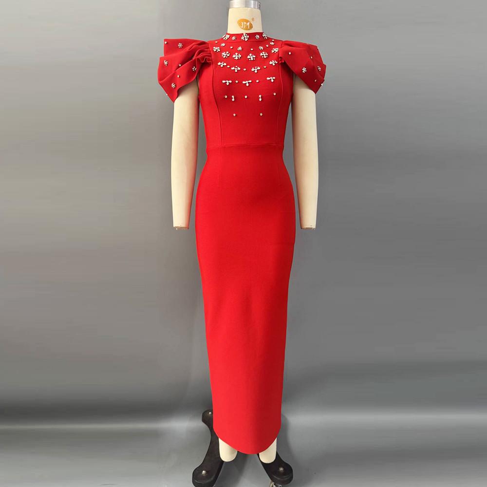 European-American Elegant Bandage Dress with Pleated Design and Rhinestone Accents