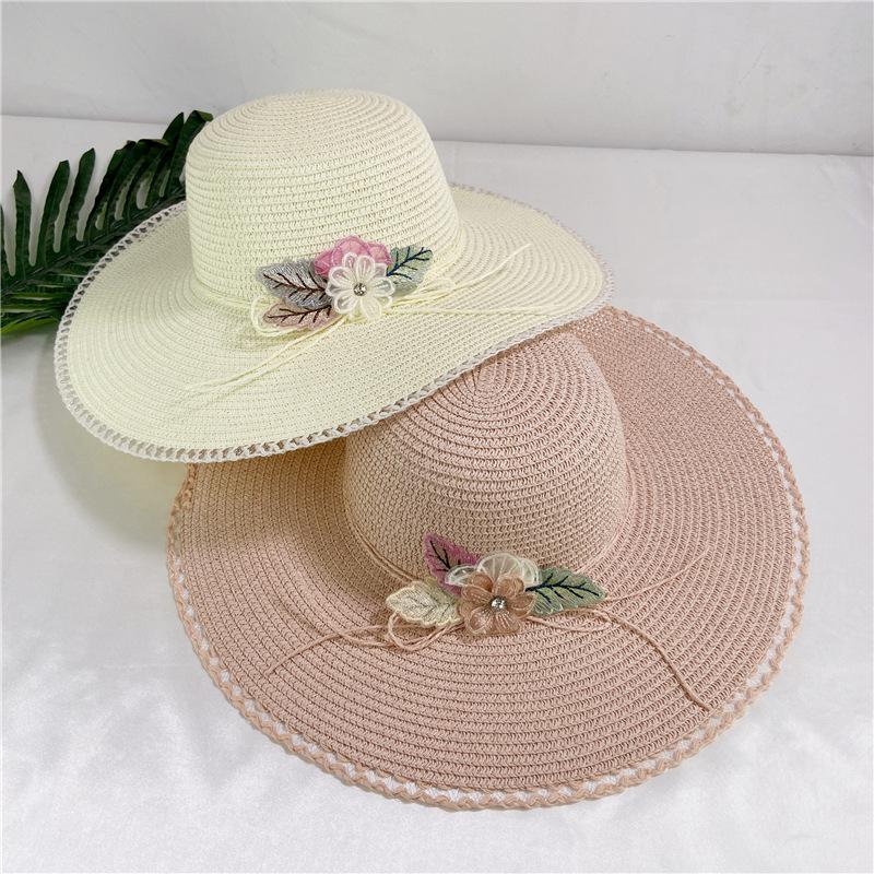 Big eaves lace flower straw hat female summer small fresh pastoral style travel sun protection sun hat seaside beach hat female