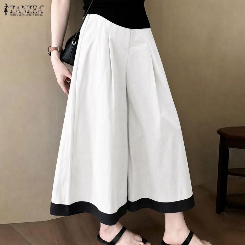ZANZEA Women Casual Elastic Waist Solid Color Loose Wide Leg Pants