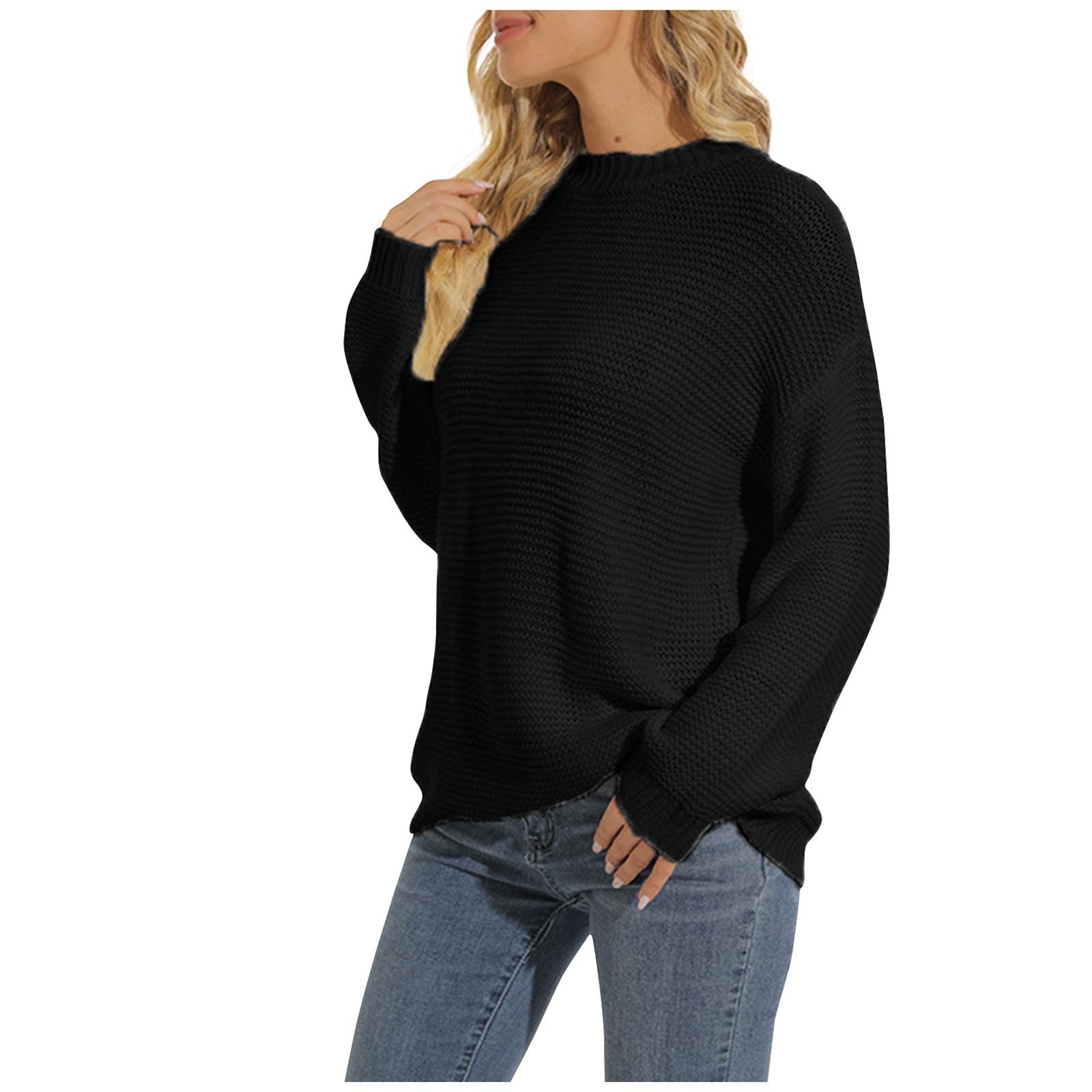 

Женский модный однотонный свитер с круглым вырезом и длинными рукавами S чёрный