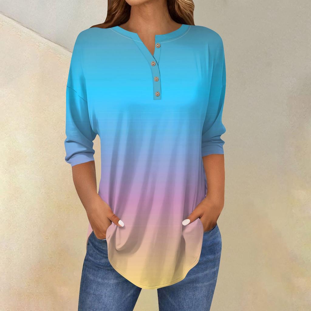 Tee Shirts For Women Fall Casual 3/4 Long Sleeve Button Shirts Sweatshirt Vintage  Top Pullover
