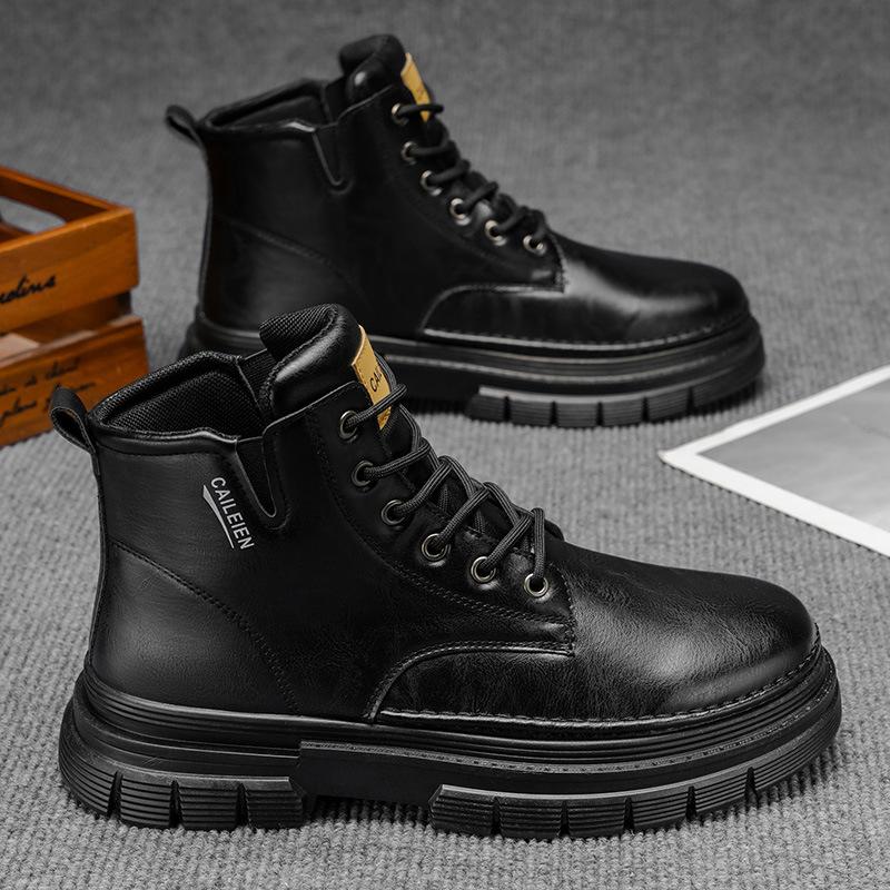 Men Vintage Work Shoes Autumn Winter New Non Slip Comfortable Platform Leather Shoes Fashion Lace Up Height Increase Short Boots
