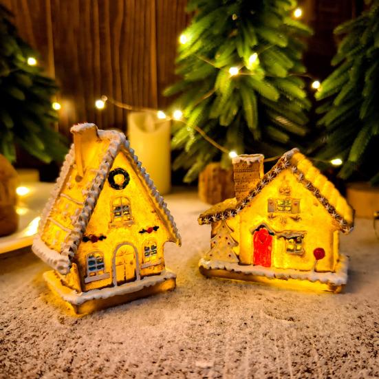 LED Lighted Christmas Village House Miniature Resin Gingerbread House Figurine Collectible Christmas Decoration for Tabletop Decor