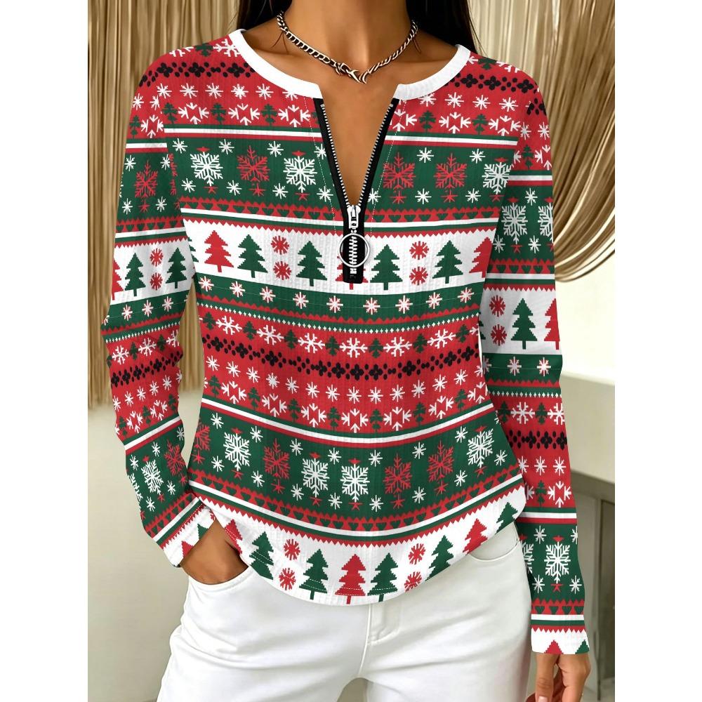 Women's Half Zipper Long Sleeve T-Shirt Christmas Style Pattern Printing Casual Daily Commuter