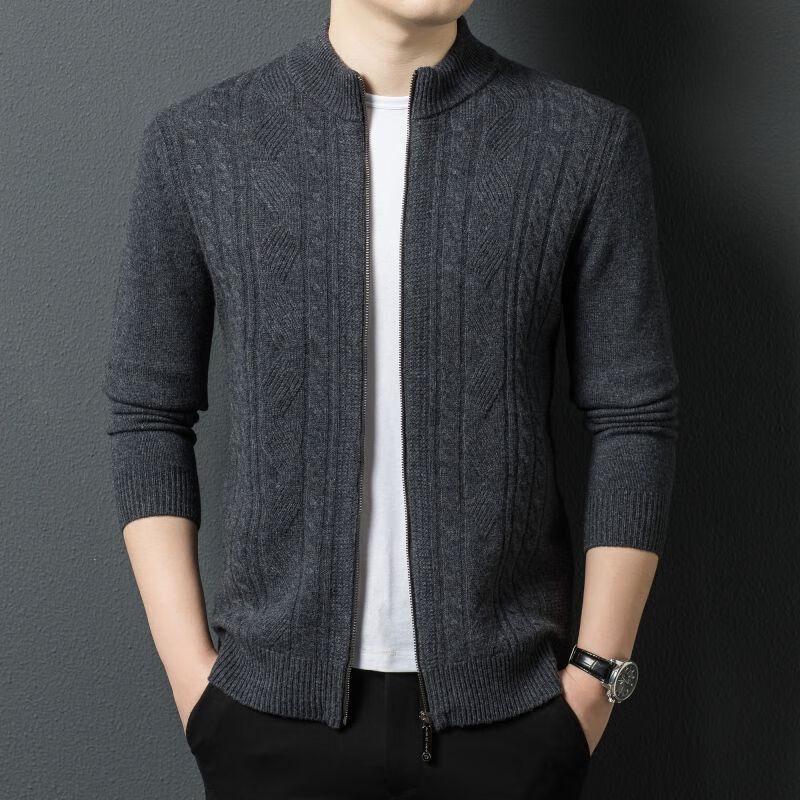 Fengxun Men's 100% Pure Wool Stand Collar Zipper Cardigan Sweater