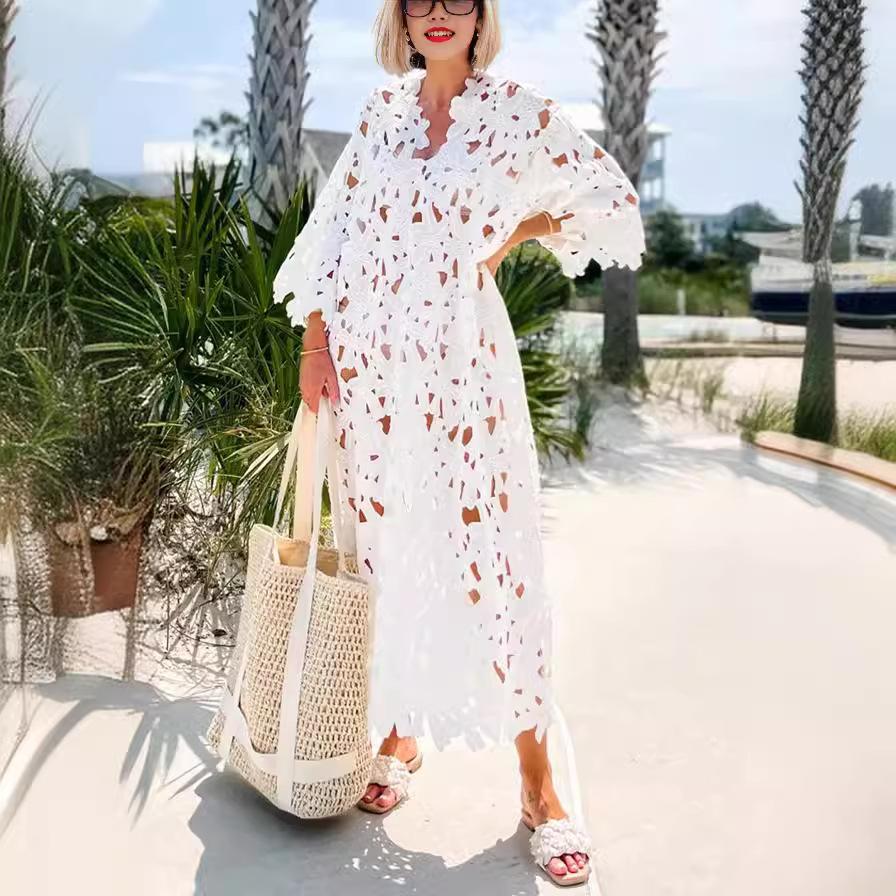 

IHUASU Повседневная свободная пляжная праздничная кружевная блузка Uniform size белый