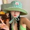 Solid Color Plaid Women Fisherman Hat Double Sided Wear Lacing Bow Bucket Hats For Ladies Girl Wide Brim Panama Cap