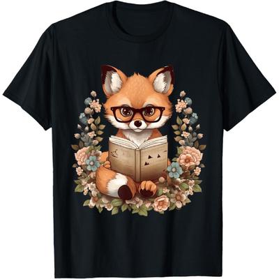Floral Cottagecore Flowers With Fox Reading Bookworm Reader T-Shirt