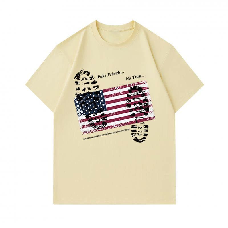 Men's 100% Cotton Crew Neck Short Sleeve T-Shirt, Distressed USA Flag Fake Friends No Trust Print Casual Comfortable Tee for Daily Wear