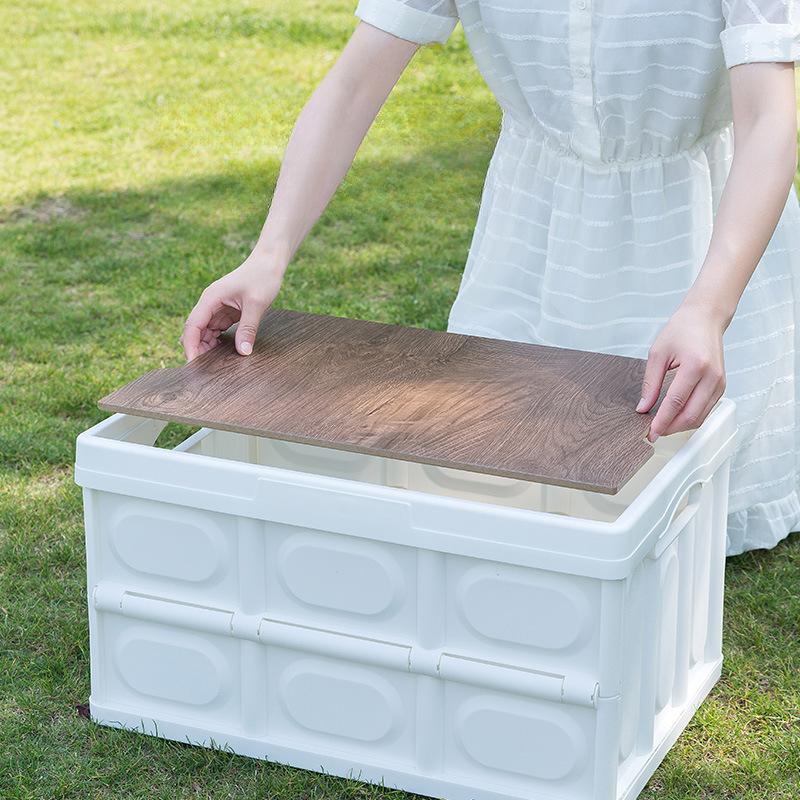 Folding Camping Box with Wood Top Travel Outdoor Storage Food Box Car Organizer Container Camping Equipment Tableware Storage