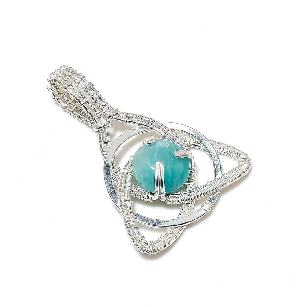 Natura Amazonit Edelstein Silber Anhänger in 925er Sterlingsilber - Handgefertigtes Design, Keltischer Familienknoten Drahtumwickelt Alltags Schmuck, Watte Geschenke