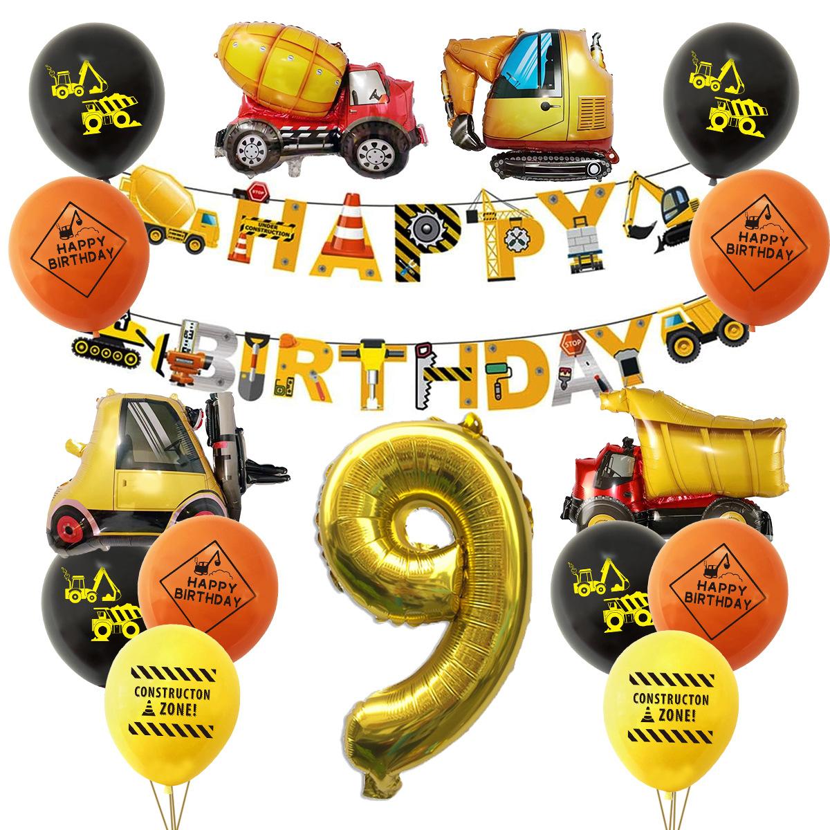 

Construction Vehicle Theme Cartoon Excavator Aluminum Film First Birthday Digital Balloon Flag Set Number 9