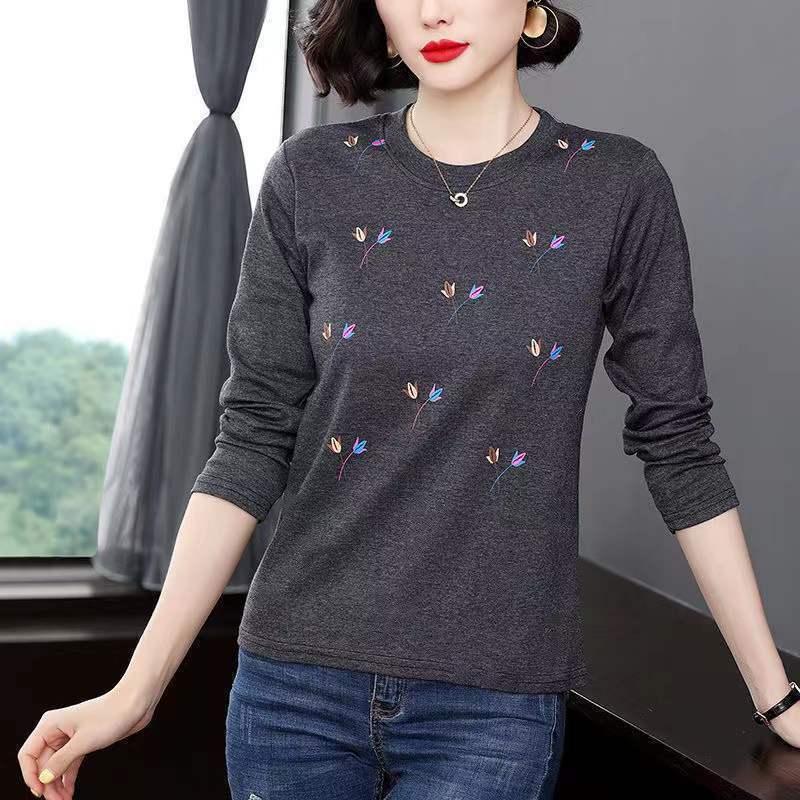 Spring and Autumn Long-sleeved Round Neck Loose Large Size Mother Middle-aged Solid Color Thin Ladies Blouse Bottoming Shirt