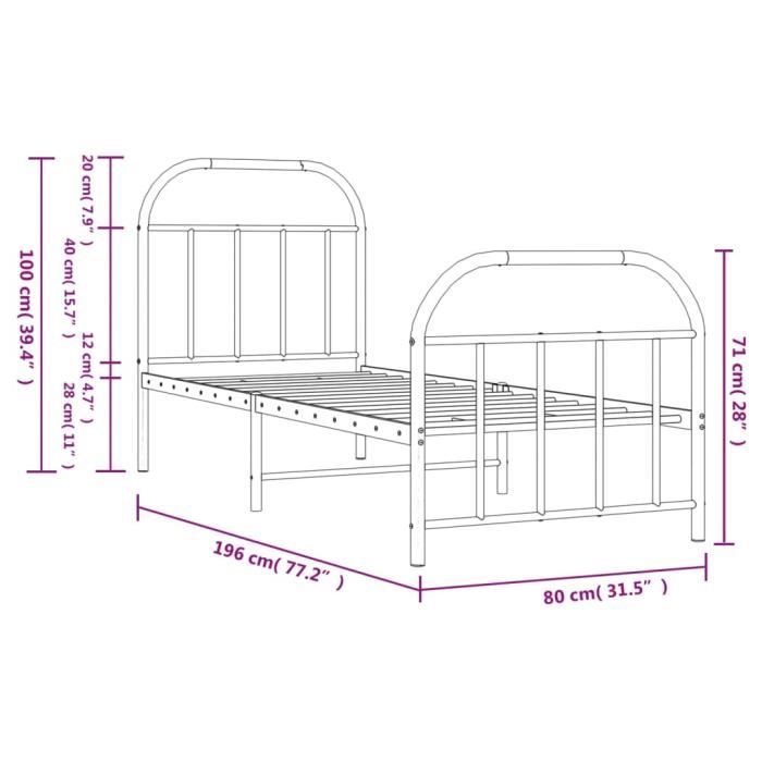 VidaXL Cadre de lit métal avec tête de lit-pied de lit noir 75x190 cm 353643