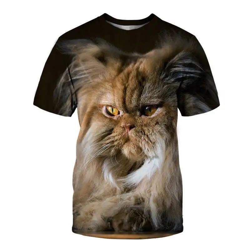 Cute Cat Pattern 3D Printed Adult Round Neck Fun Pet Unisex Short Sleeved T-shirt
