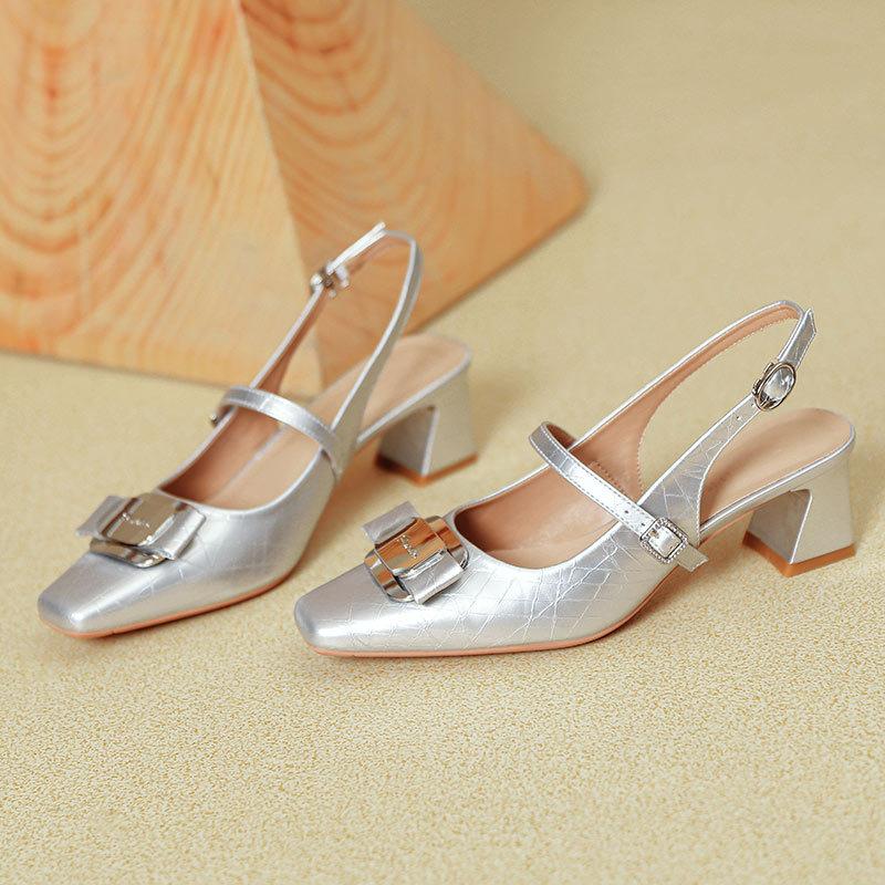 French Mary Jane Single Shoes Bag Head Sandals Women's Thick Heel 2025 New Summer Silver One-word Buckle with High Heels