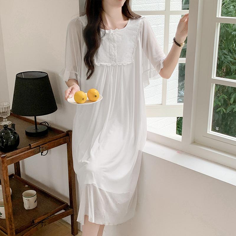 Princess Ling Lei French Nightdress Women'S Summer Mesh Sweet Pure Wind Short-Sleeved Long Dress Pajamas Loungewear