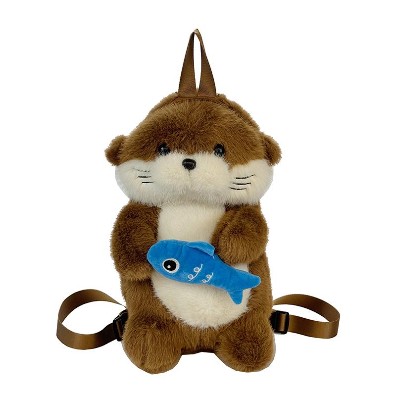 Adorable Otter Holding Fish Plush Backpack Capybara Cute Girls Trendy Backpack Casual Gifts for Children