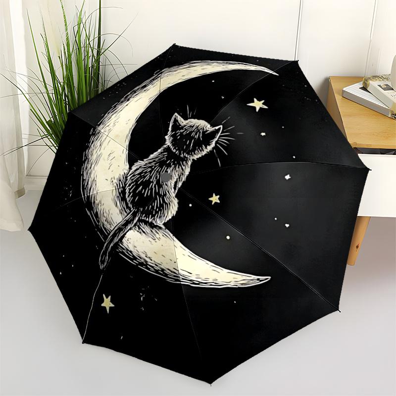 1pc Moon Cat Automatic Open/close Umbrella, 8-Rib Sturdy Structure, Artistic Pattern, Compact Design, Fashion Lovers L050