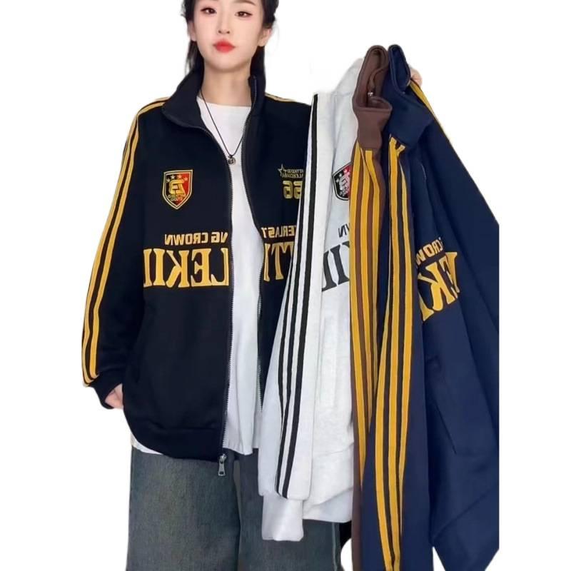American Retro Three-stripe Lettered Velvet Thickened Jacket for Women