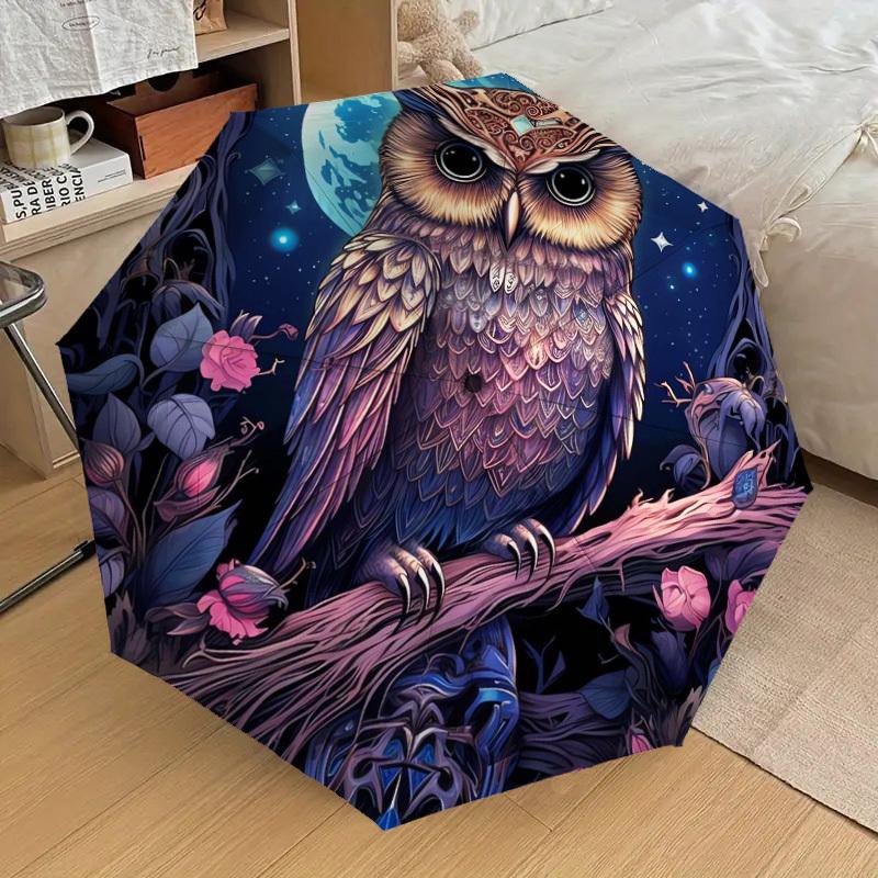 1pc Fantasy Night Owl with Moon Umbrella with Plastic Handle,Suitable for All Seasons Home Travel Outdoor UmbrellaDD675