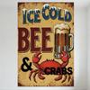 Vintage Ice Cold Beer & Crab Metal Tin Sign Retro Seafood Bar Decor with Beer Mug & Crab Illustration for Man Cave Restaurant Ca