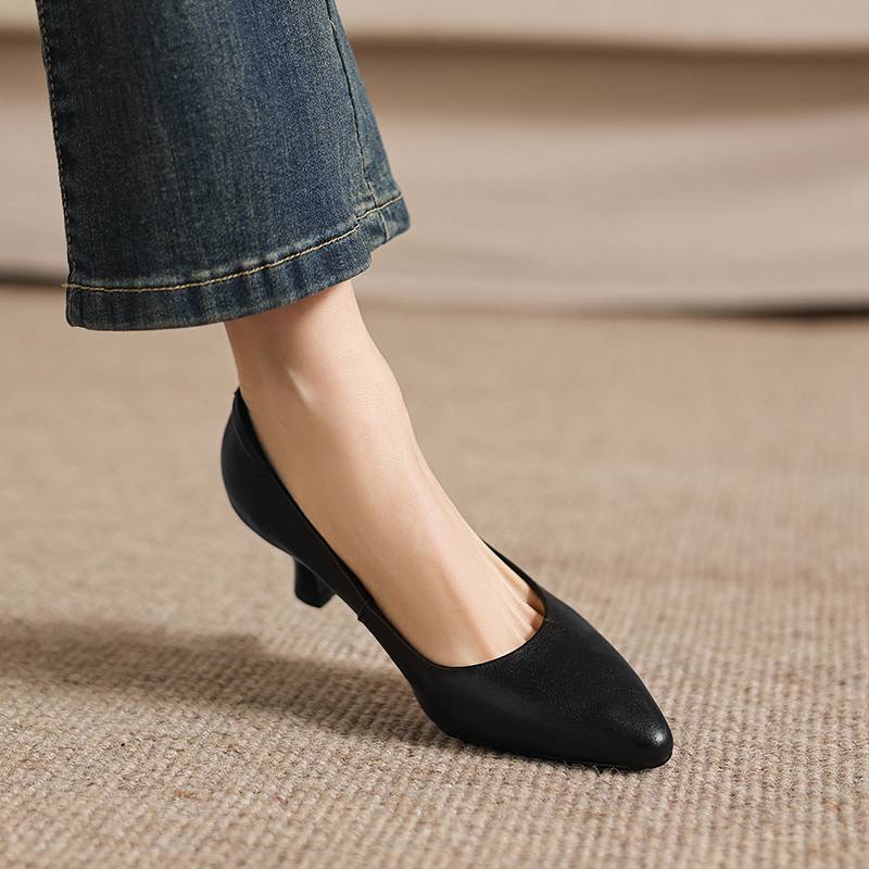 Krazing Pot Genuine Leather Round Toe Thin Heels Summer Shoes Solid Big Size 42 Shallow Decoration Women Shallow Pumps