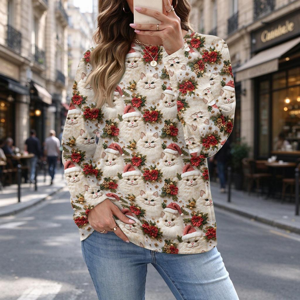 Women's Casual Polka Dot Christmas Print Top for Fall and Winter, Versatile Blouse