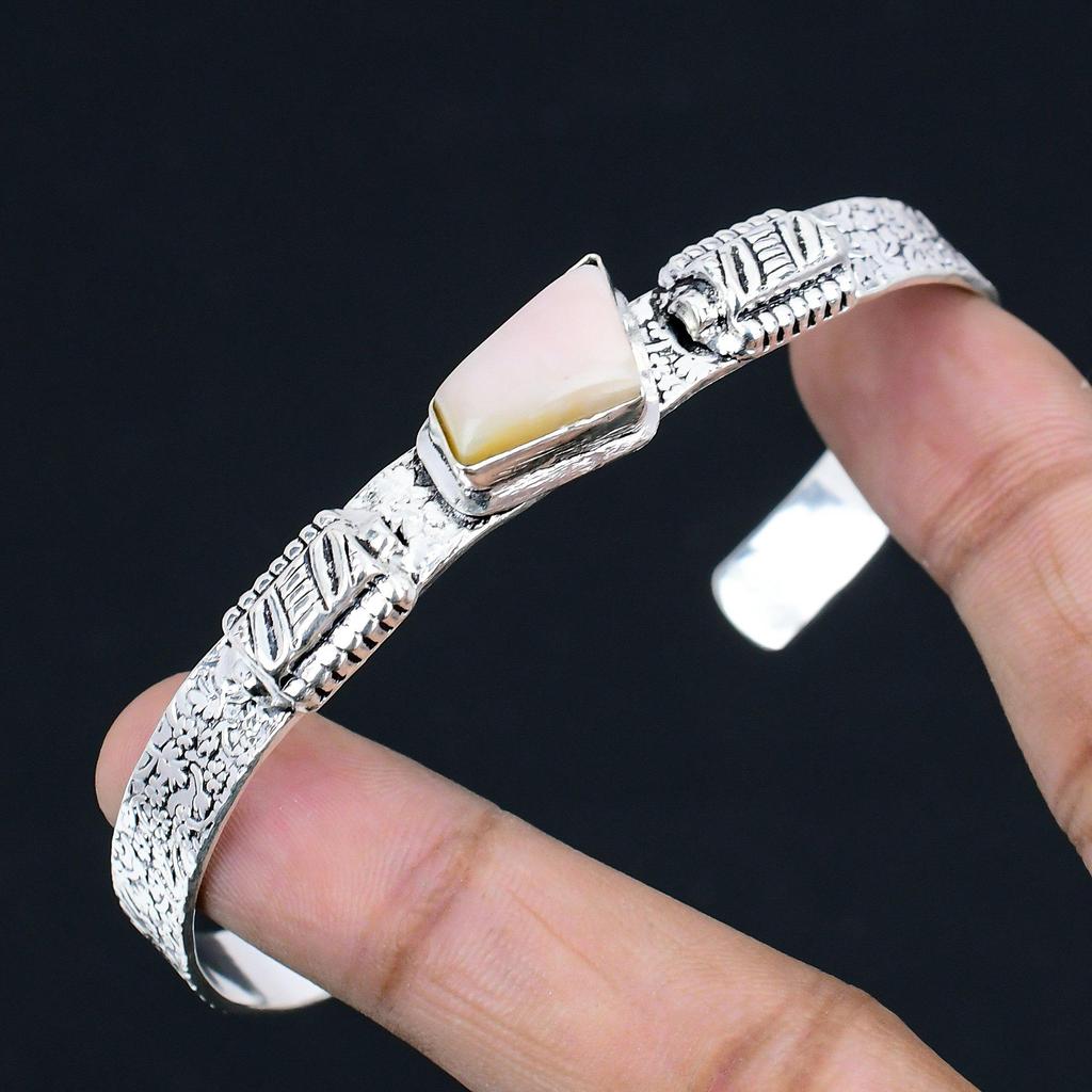 Natural Pink Opal Gemstone 925 Sterling Silver Bangle Adjustable For Women