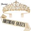 Birthday Rhinestone Crown 2Pcs/Set Women Shiny Tiara Crowns Belt Set With Diamond-like Texture Girls Princess with Combs Party Decoration