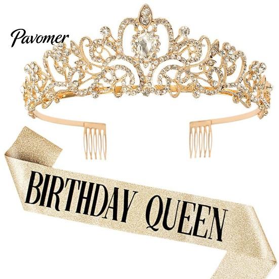 Birthday Rhinestone Crown 2Pcs/Set Women Shiny Tiara Crowns Belt Set With Diamond-like Texture Girls Princess with Combs Party Decoration
