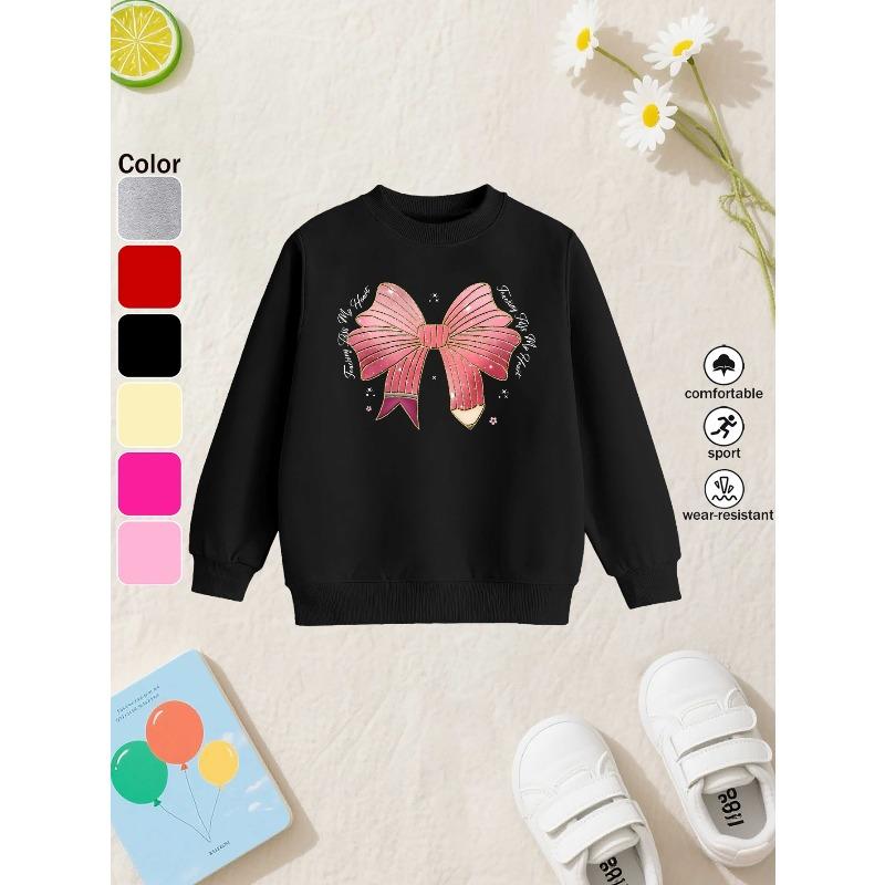 European sizes Bow Children's Crewneck Sweatshirt, Casual Long-sleeve Crewneck Pullover with Slightly Stretchy Fabric