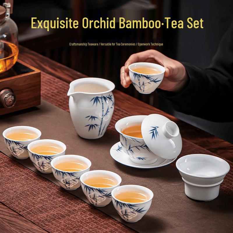 Linglong Mutton-fat Jade Porcelain Kung Fu Tea Set
