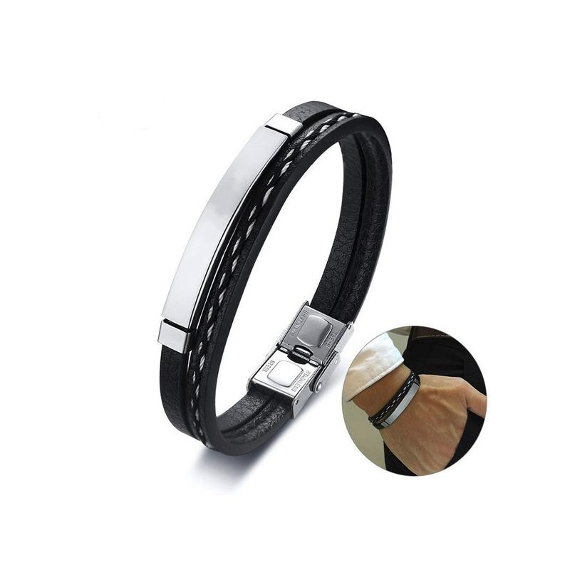 

Модные мужчины кожаная одежда Плетение Браслет Досуг Цвет Контраст Нержавеющая сталь Браслет