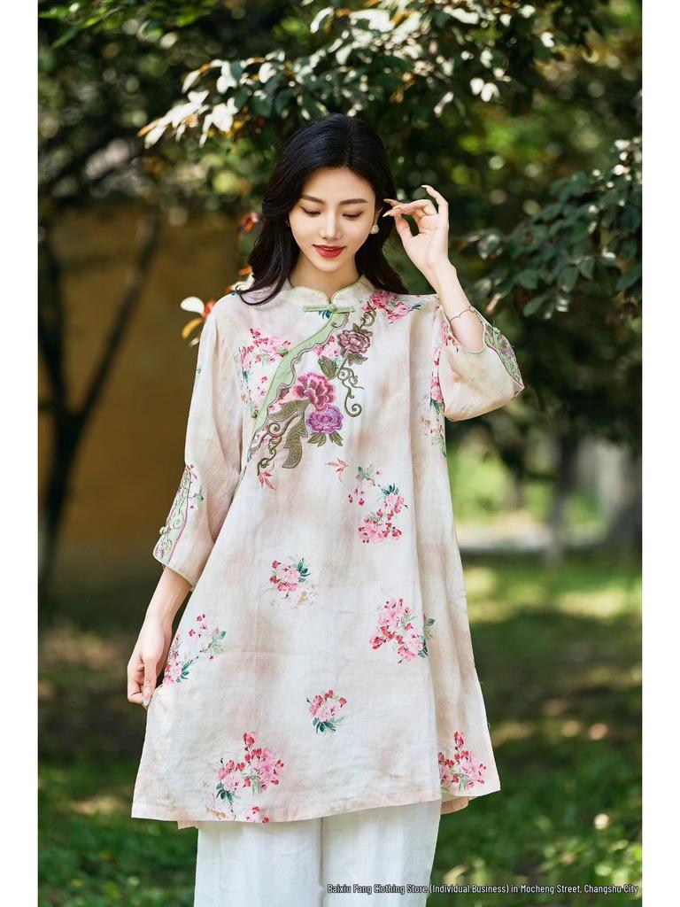 2026 Spring/Summer Women's Chinese Style Embroidered Ramie Shirt with Stand Collar and Pipa Buttons