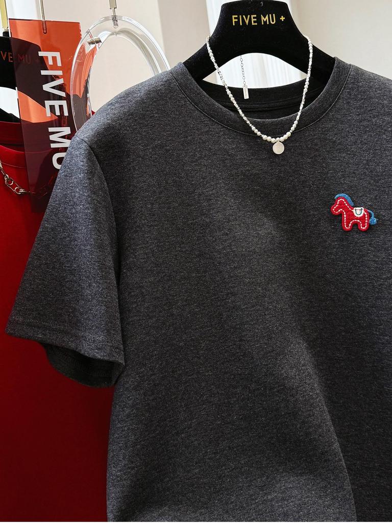 Plus Size 240 Jin Early Spring Round Neck Short Sleeve Cartoon Embroidery Women's T-shirt