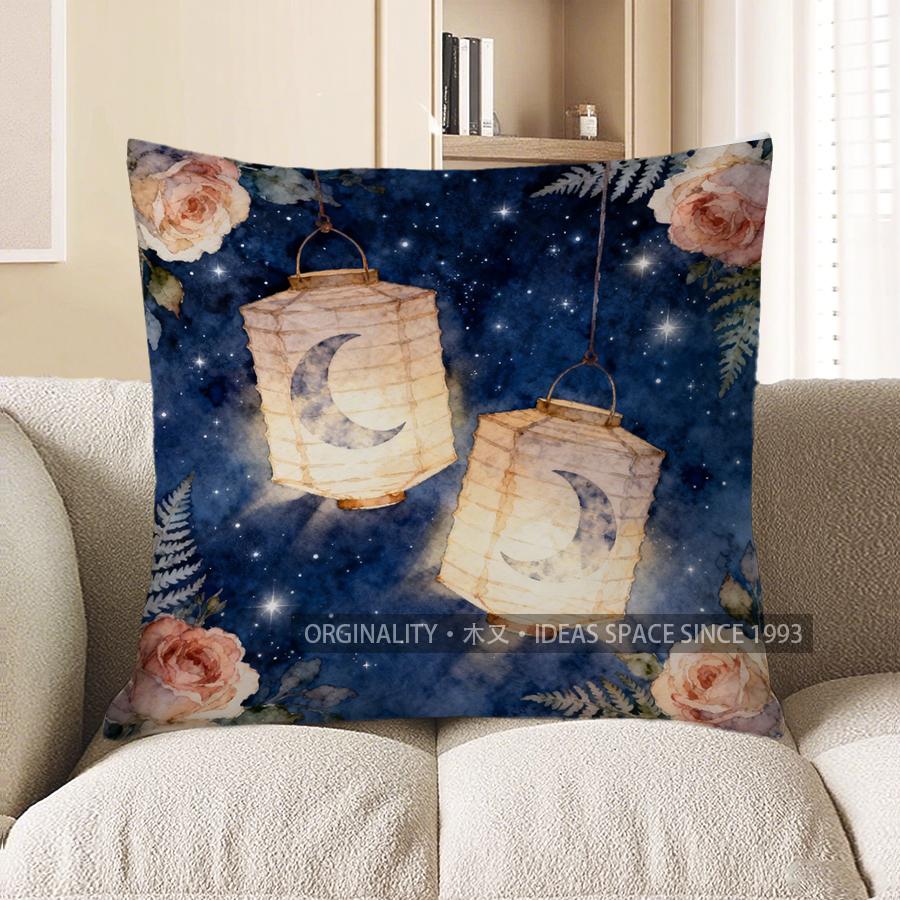 2D Starry Night With Moon Lanterns And Roses Pattern Cushion Cover Suitable For Sofa Bedroom Car Pillow Cover 40x40cm 595₽