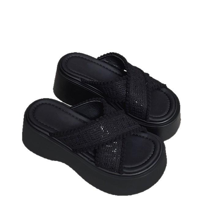Thick-bottomed Sandals 2025 New Muffin Thick-bottomed Heightened Non-slip Fashionable Outer Wear One-word Drag Cross-cool Slippers Women