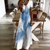 Women Plus Size V Neck Short Sleeve Abstract Printed Blue Beige White Long Maxi Dress