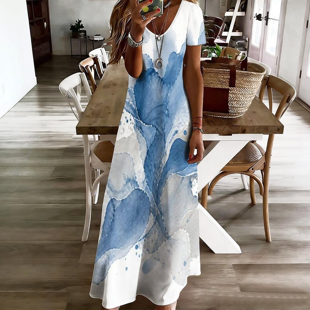 Women Plus Size V Neck Short Sleeve Abstract Printed Blue Beige White Long Maxi Dress