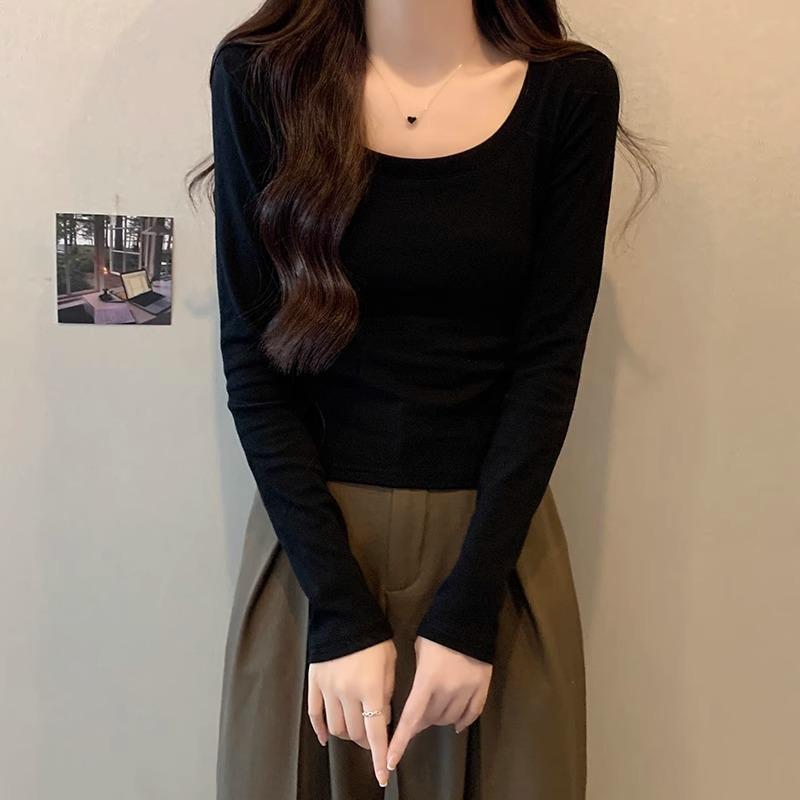 

Ретро футболка с низким вырезом, на одно плечо, с длинными рукавами для женщин на начало осени, новый дизайн, с высокой талией, облегающая, короткая, топ с внутренним слоем XL