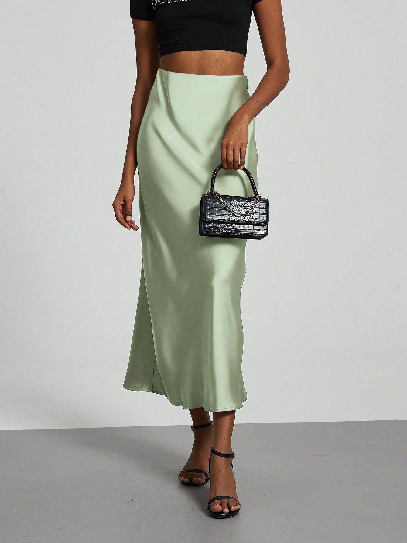 

Елегантна жіноча атласна міді-спідниця в європейському та американському стилі – Гладка, облягаюча та шовковиста текстура для літа Large